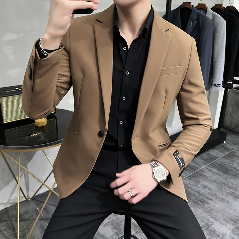 2021 Spring Blazers for Men's Solid Color Wedding Business Casual Slim Suit Jackets Street Social Office Dress Coats Veste Homme