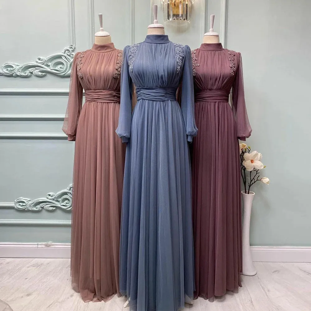 

2023 мусульманские Официальные Вечерние платья с высокой горловиной, скромные Женские вечерние платья из Израиля с бусинами для гостей свадьбы