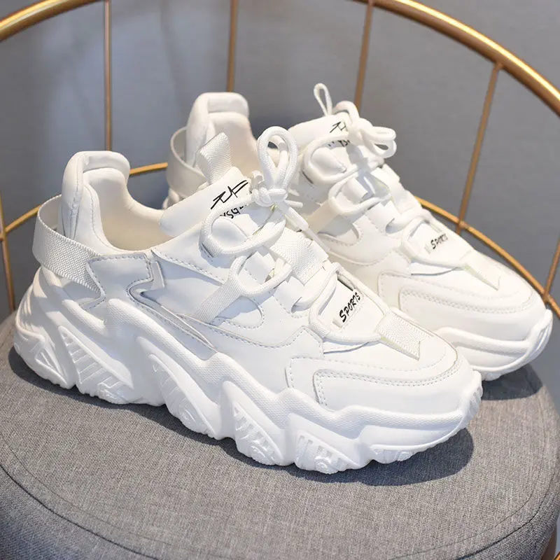 

White Women Shoes New Chunky Sneakers for Women Lace-Up White Vulcanize Shoes Casual Fashion Dad Shoes Platform Sneakers