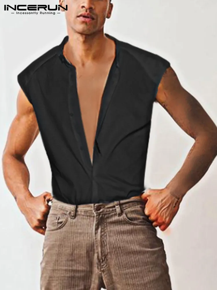 

INCERUN 2022 Fashion Men Shirt Solid Color Stand Collar Sleeveless Button Casual Men Clothing Streetwear Thin Shirts Plus Size