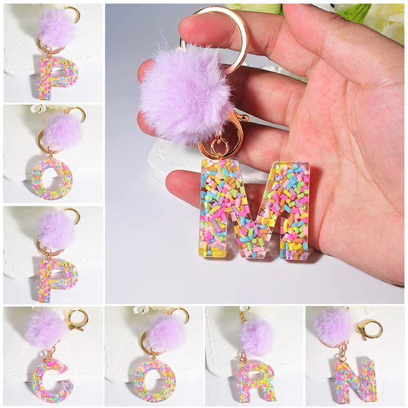 New Colorful Stripe Filled Initial Letter Keychain With Purple Pom-Pom Women Girls Sweet Bag Purse Charm A-Z 26 Letters Pendant