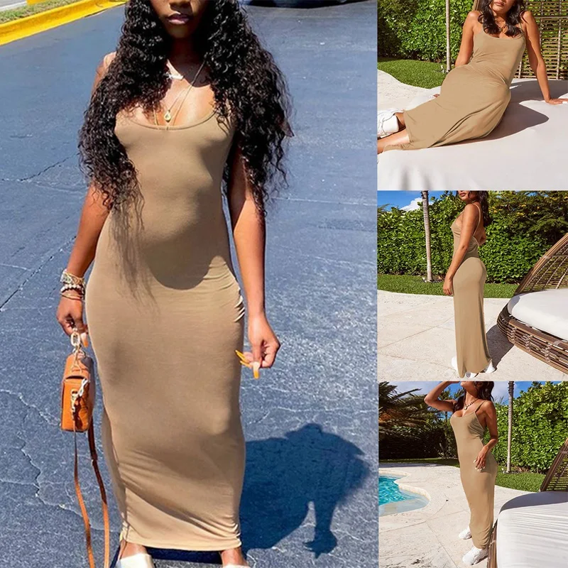 

Платье женское на бретелях-спагетти, без рукавов, с круглым вырезом, однотонное длинное вечернее, на лето