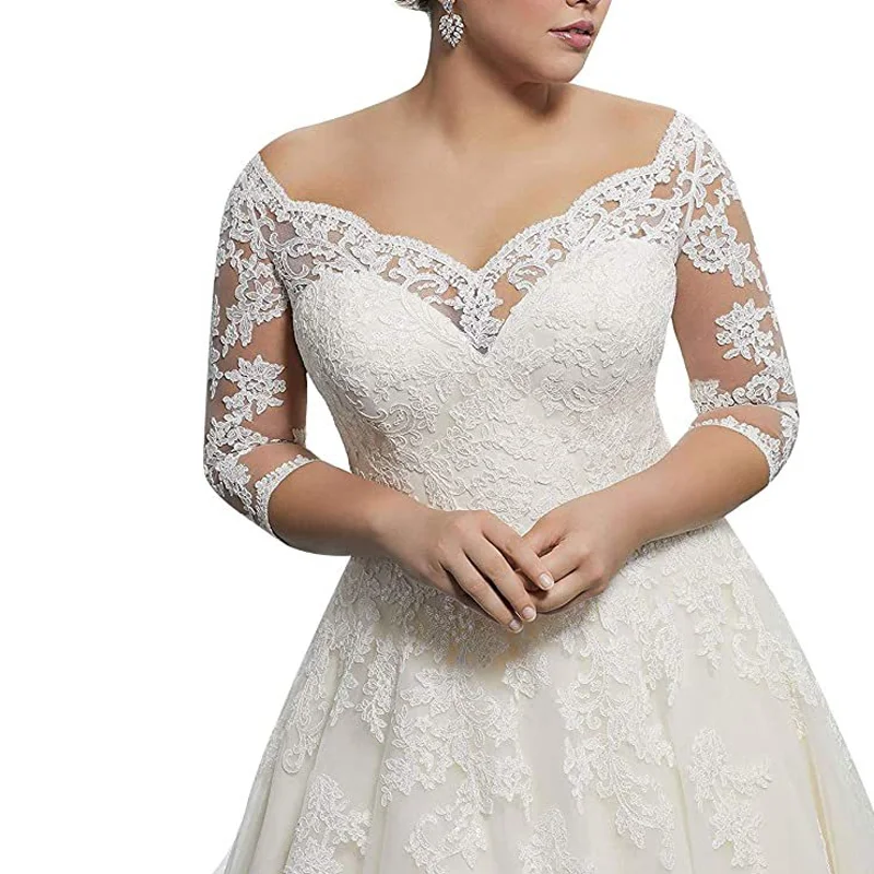 European And American Style Lace Wedding Dress Bride Robe Luxury Full Sleeve Sexy V-neck Bride Dress With Train S0069H