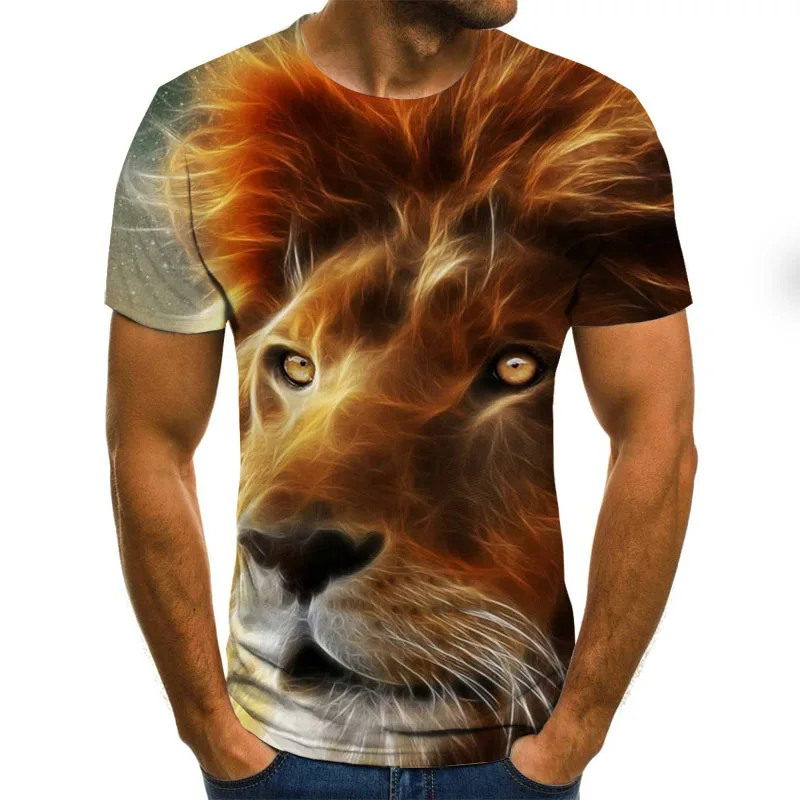 

Mens Short Sleeve Crew Neck Bottoming Shirt Multi Size T-Shirt Digital 3D Tiger Lion Print Summer T-Shirt Men Clothing