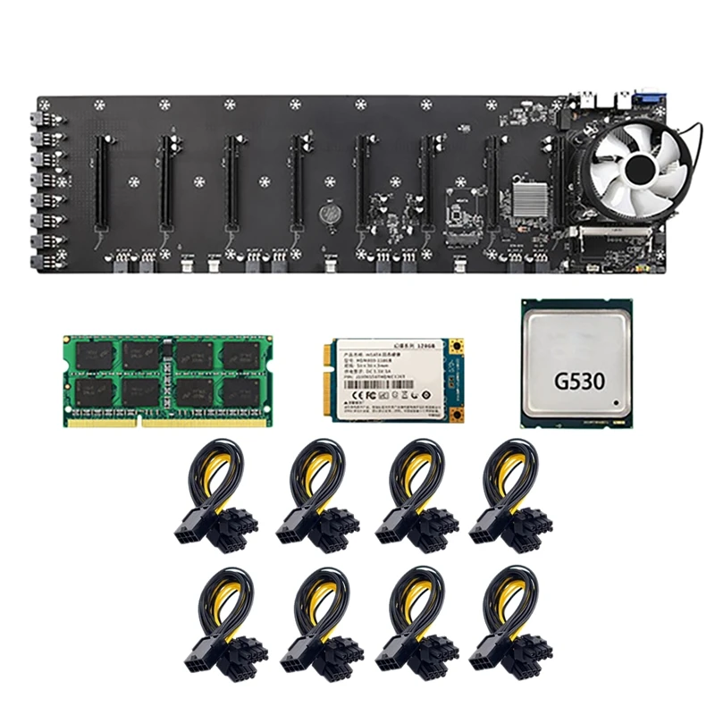 ETH-B75 BTC Mining Motherboard With G530 CPU+Fan+128G SSD+8G DDR3 RAM+8Xpower Cord LGA1155 8 PCIE 16X Slots 65Mm VGA USB