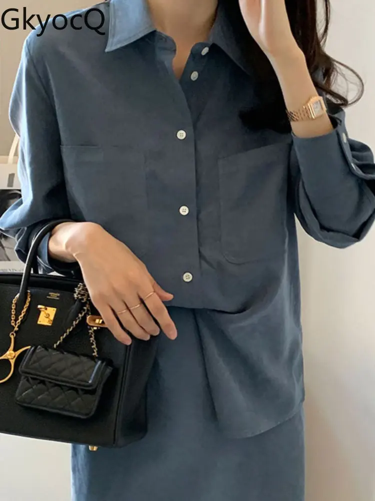 

Женская Однотонная рубашка с длинным рукавом, однотонная однобортная Свободная Повседневная универсальная рубашка с воротником, Осень-зим...