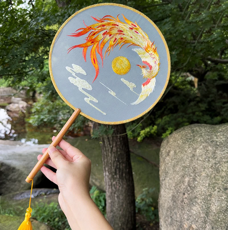 Веер с золотым Фениксом двусторонний круглый веер вышивкой Китайский дворец