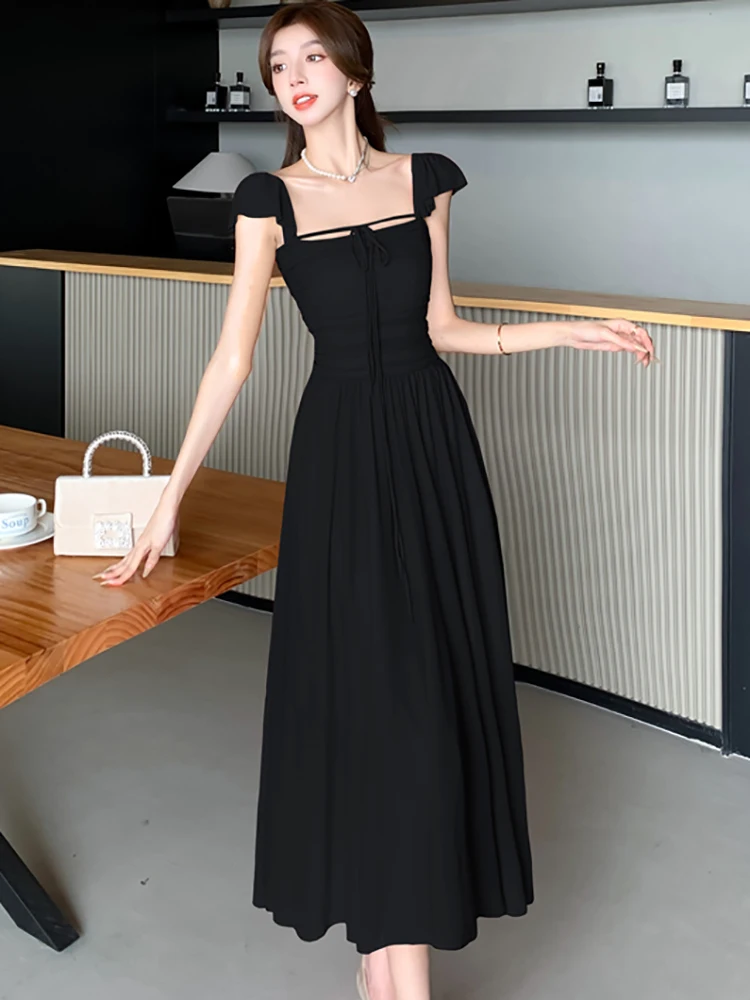 Летнее плиссированное облегающее длинное платье с розовым бантом и квадратным