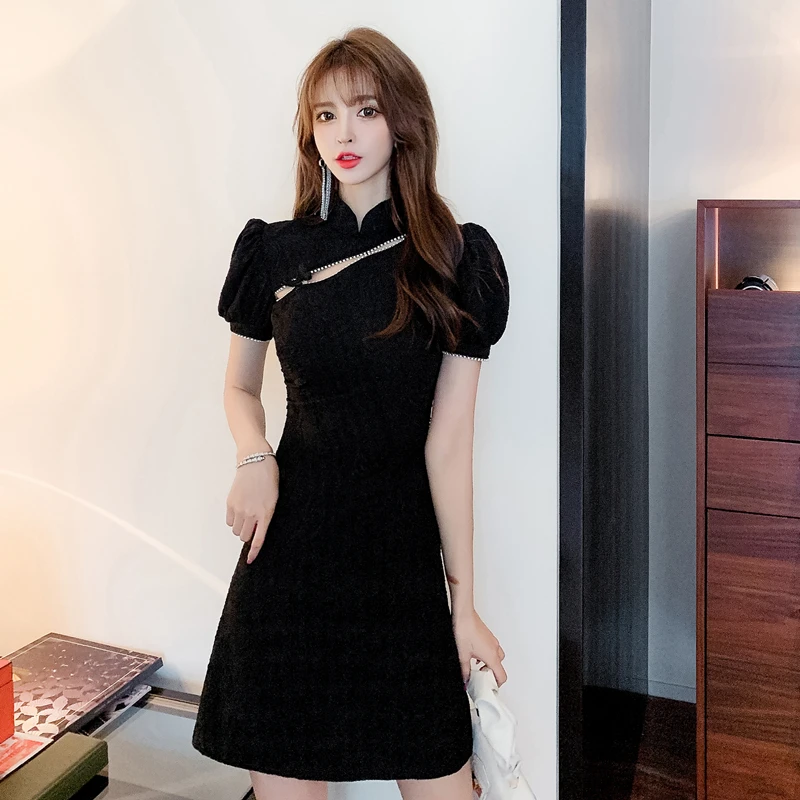 

COIGARSAM Long Dress Women French Style Cheongsam Puff Sleeve Black Dresses Dropshipping