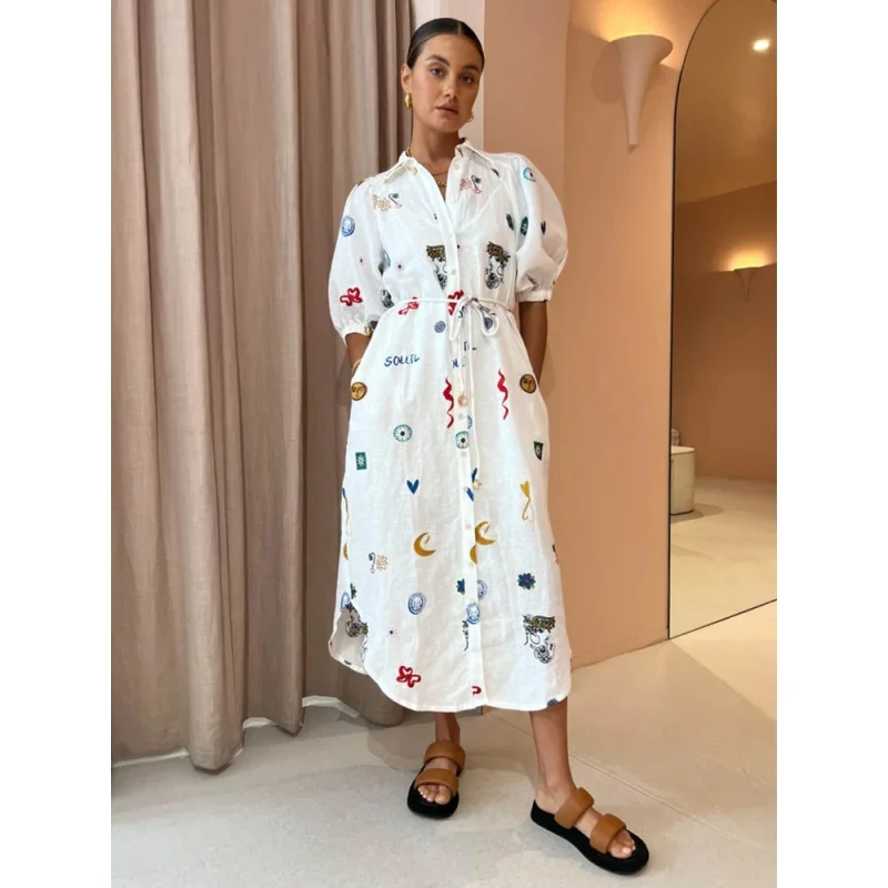 

Graffiti Printed Holiday Dress Female Short Puff Sleeve Single Breasted Belts Vacation Summer Dresses Women Beach Elegant Robe