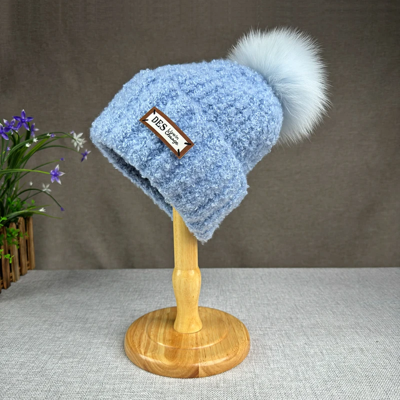 Теплая Шерстяная Вязаная Плюшевая Шапка-бини С Помпоном Из Натуральной Лисы