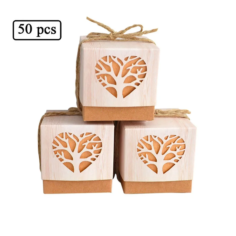 

50pcs Retro DIY Kraft Paper Candy Box Hollow Love Tree Creative Wedding Favor And Gift Boxes Birthday Christmas Party Decoration