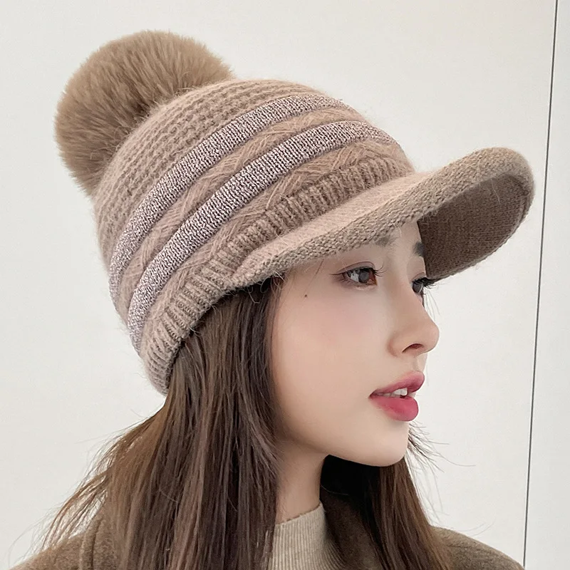 Зимние шапки для женщин бейсболка с помпоном из кроличьего меха вязаная зимняя