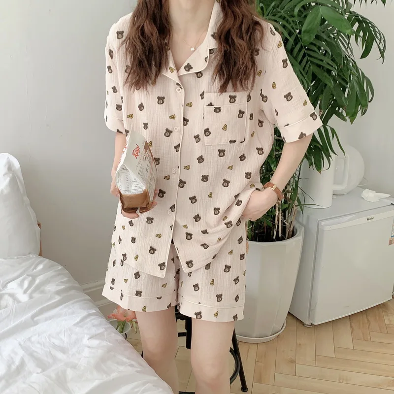 Cartoon Bear Summer Pajamas Set Women Single Breasted Shirts + Shorts Cotton Two Piece Home Suit Kawaii Korean Sleepwear