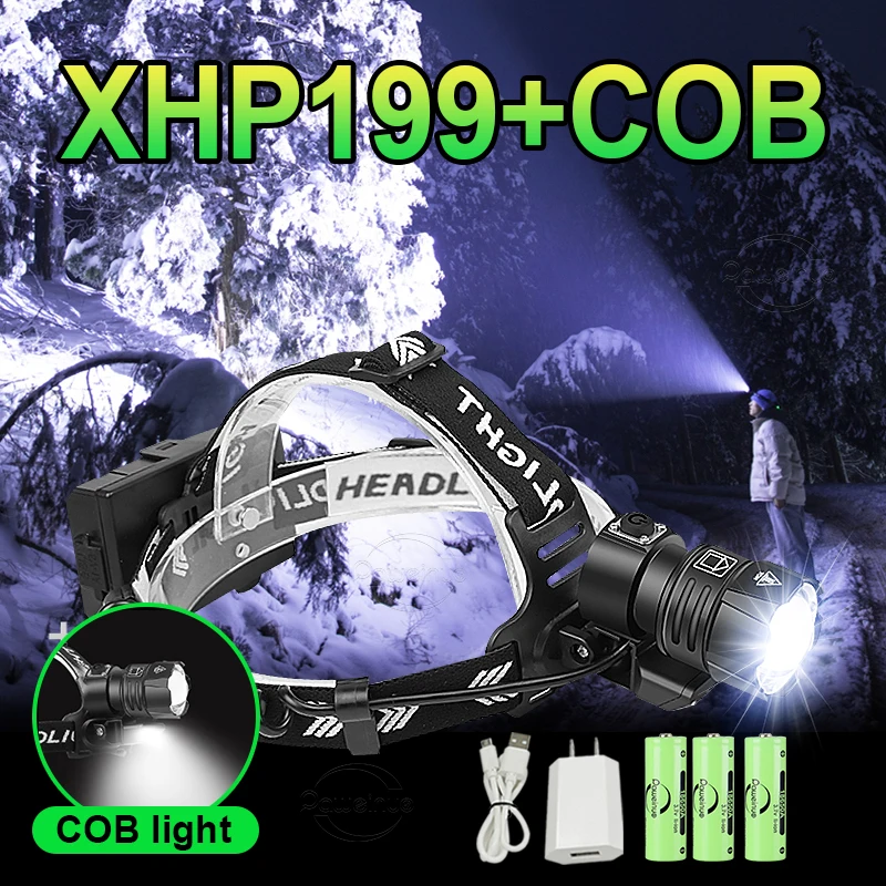 

High Power XHP199 LED Headlamp Powerful Rechargeable Headlights Flashlight Head lamps Front LED Head Lantern For Fishing Hunting