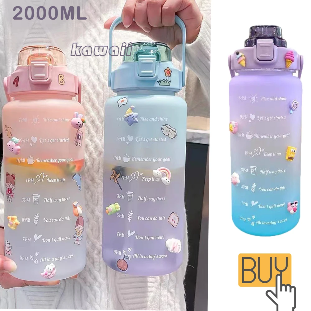 

2L Large Capacity Water Bottle With Bounce Cover &Straw Time Marker Outdoor Sports Bottles With Cute Stickers botella de agua