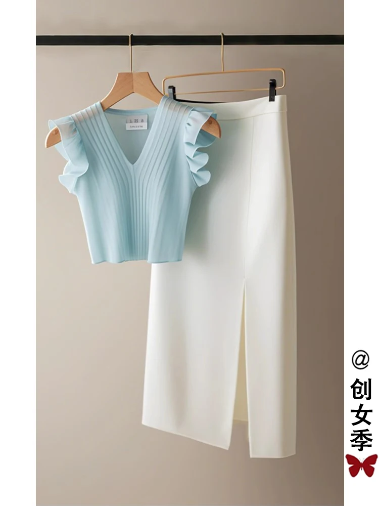 Graceful High-Grade Wear Summer Chic Super Nice Beautiful Shirt Blue Knitted Top Two-piece Suit Skirt