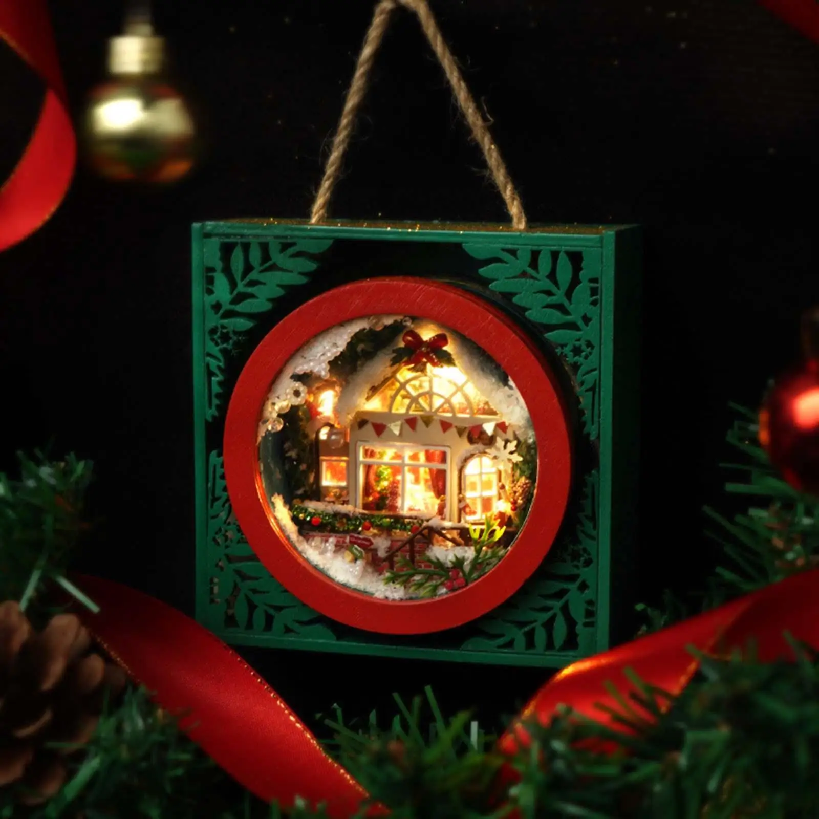 

Wooden Hanging Christmas Decoration Mini House Model Kit with Light Handmade for Kids Teens Decor Ornaments