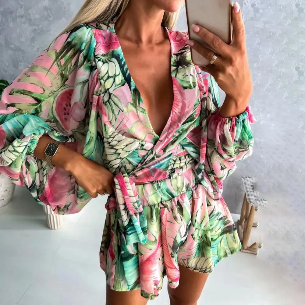 

Deep V-Neck Belt Elastic Waistband Wide Leg Women Romper Flower Print Lantern Long Sleeve Playsuit Jumpsuit Boho Beach Outfit