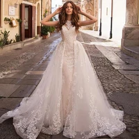 luxury o neck mermaid wedding dresses sleeveless appliques lace boho bridal dress illusion button for women vestido de novia