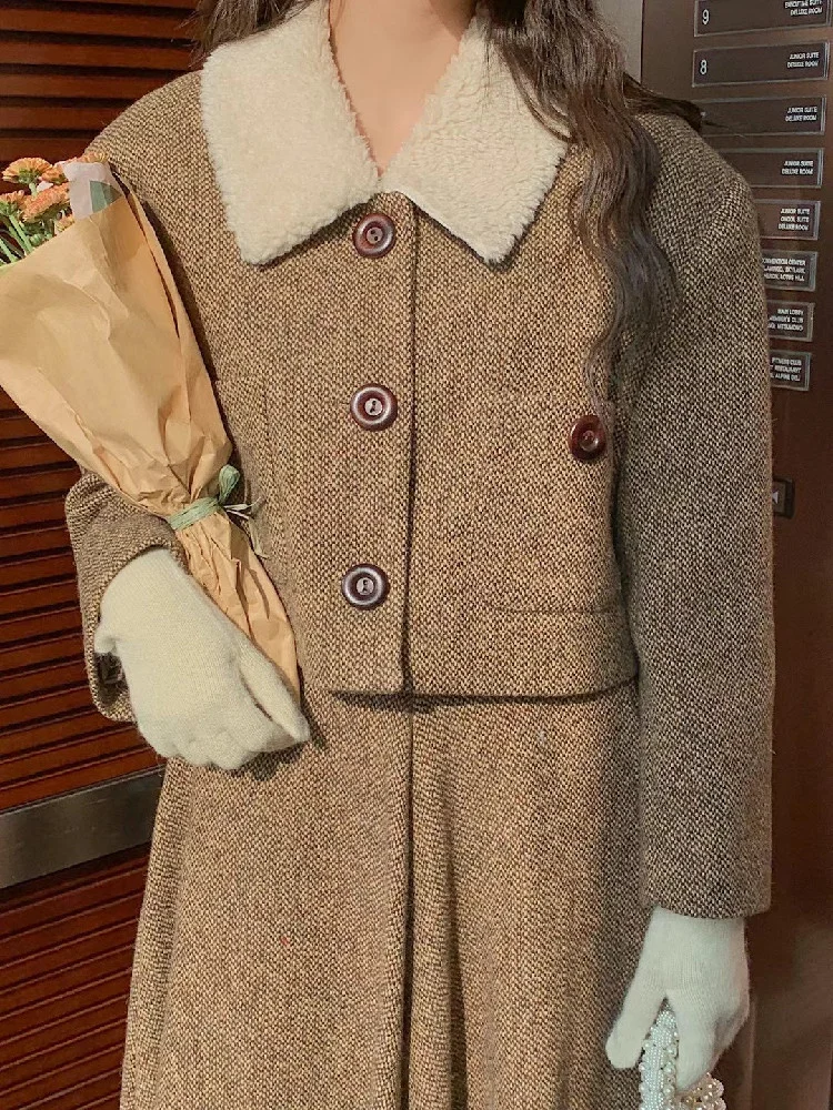 

Autumn Winter Woolen 2 Two Piece Set for Women Korean Style Long Sleeve Single Breasted Lapel Jacket + High Waist Skirt Suits