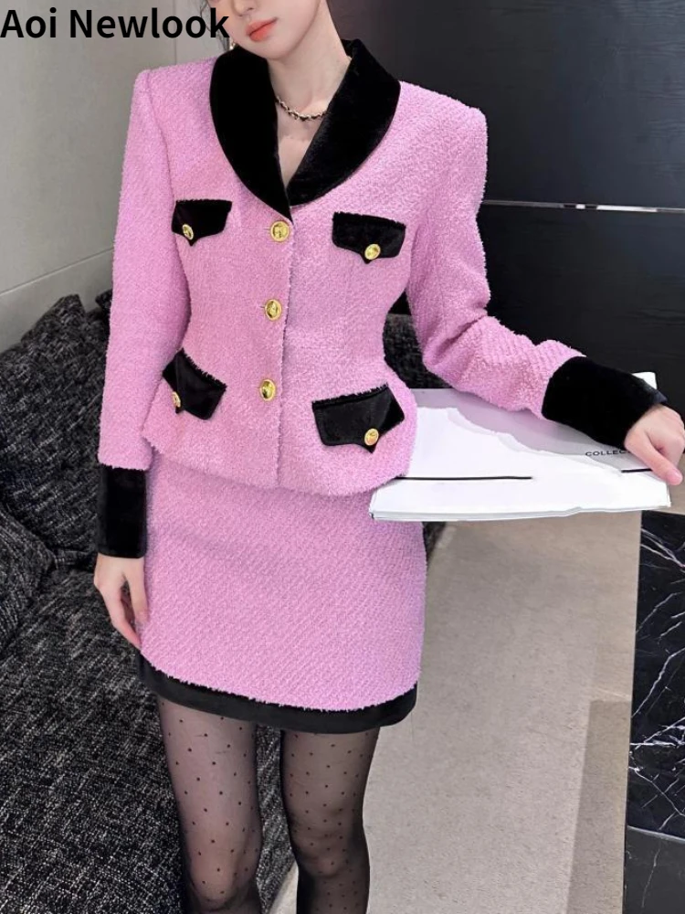 

Aoi Vintage High-end Woolen Suit Women Autumn New Velvet Stitching Tweed Coat Slim Top+Short Skirt French Socialite 2-piece Set