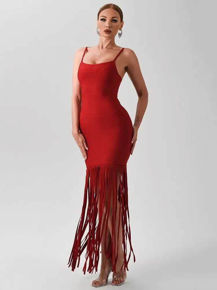 

2022 Summer New Red Bandage Dress For Women Sexy Sleeveless Long Tassel Spaghetti Dresses Bodycon Club Party Vestidos Clothing