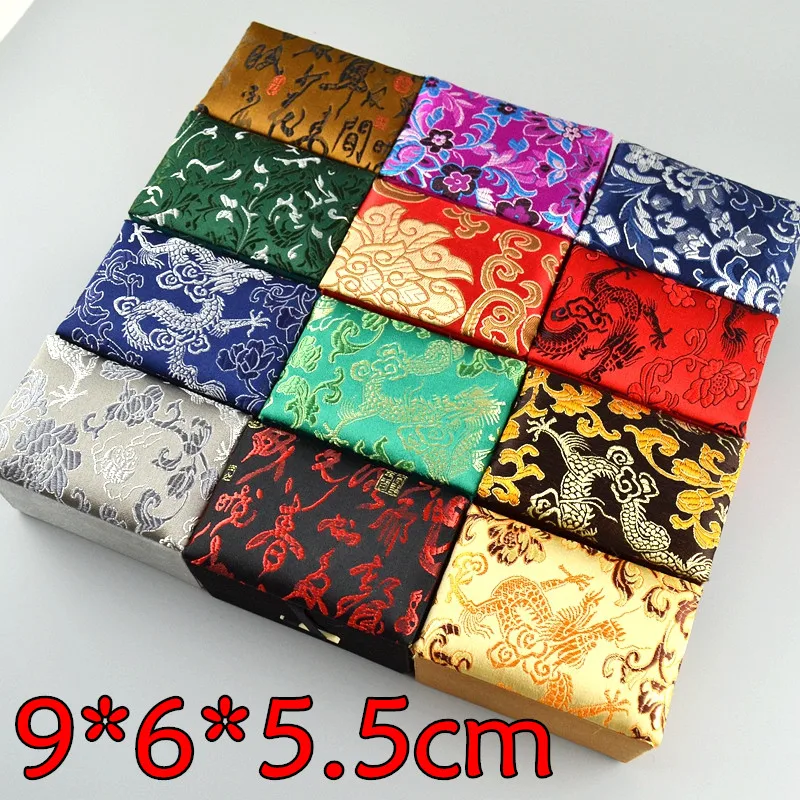 10pcs 9x6x5 cm Vintage Small Chinese Silk Brocade Box Rectangle Cotton Filled Jewelry Gift Boxes Packaging Signet Storage Cases