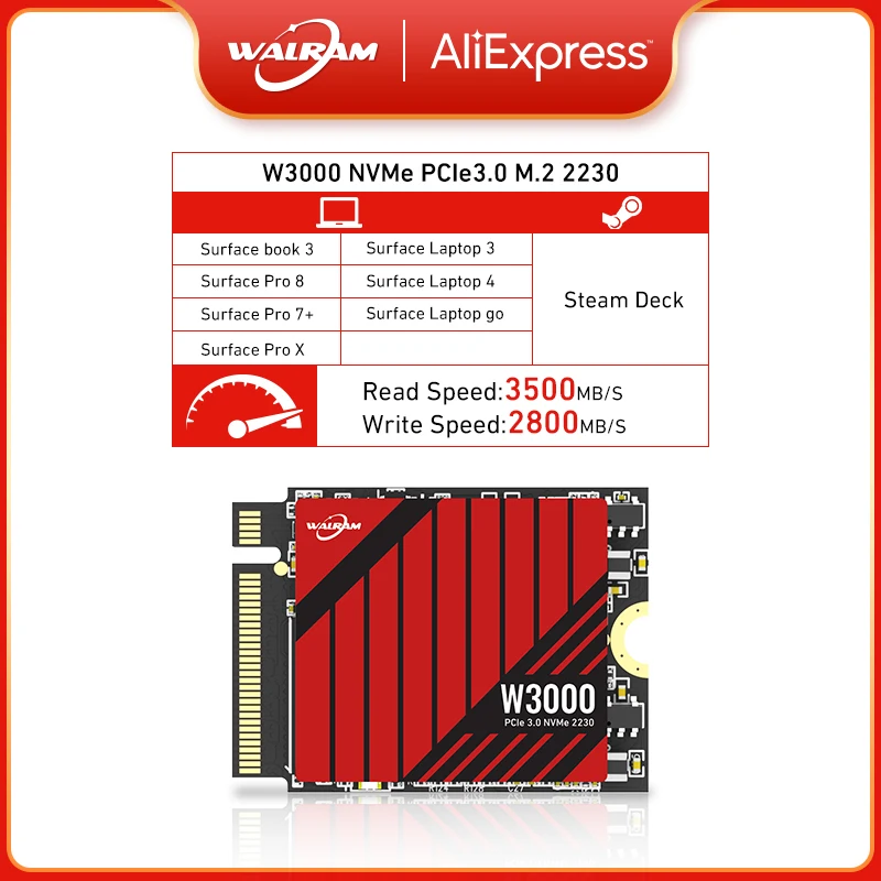 WALRAM M.2 nmve SSD 1TB 512GB M.2 SSD 2230 NVMe PCIe Gen 3x4 SSD 3500M/S for Microsoft Surface ProX Surface Laptop 3 Steam Deck