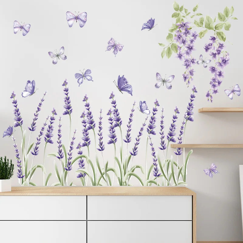 

Romantic Purple Lavender Flower Wall Sticker Bedroom Living Room Background Home Wallpaper Nursery Purple Flower Wall Sticker