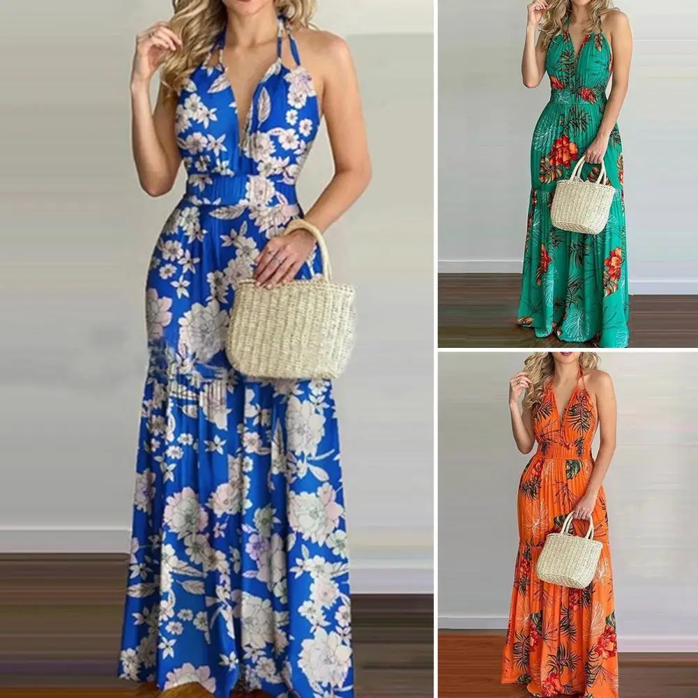 

Women Dress Floral Print Large Hem Summer Backless Lace-up Long Dress for Beach