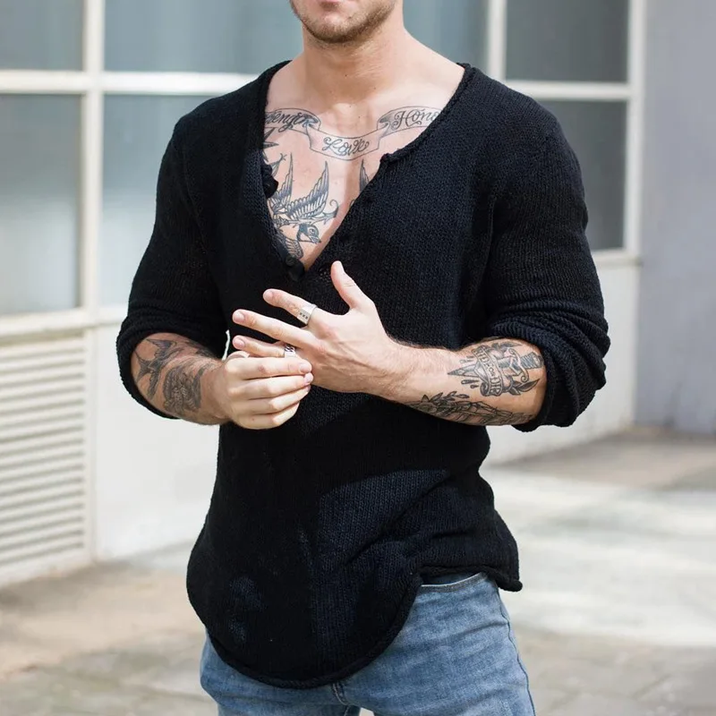 

2023 Spring Summer Long Sleeve V Neck Slim Casual Tops Men Vintage Solid Color Knitting T-shirts Mens Fashion Cozy Shirts