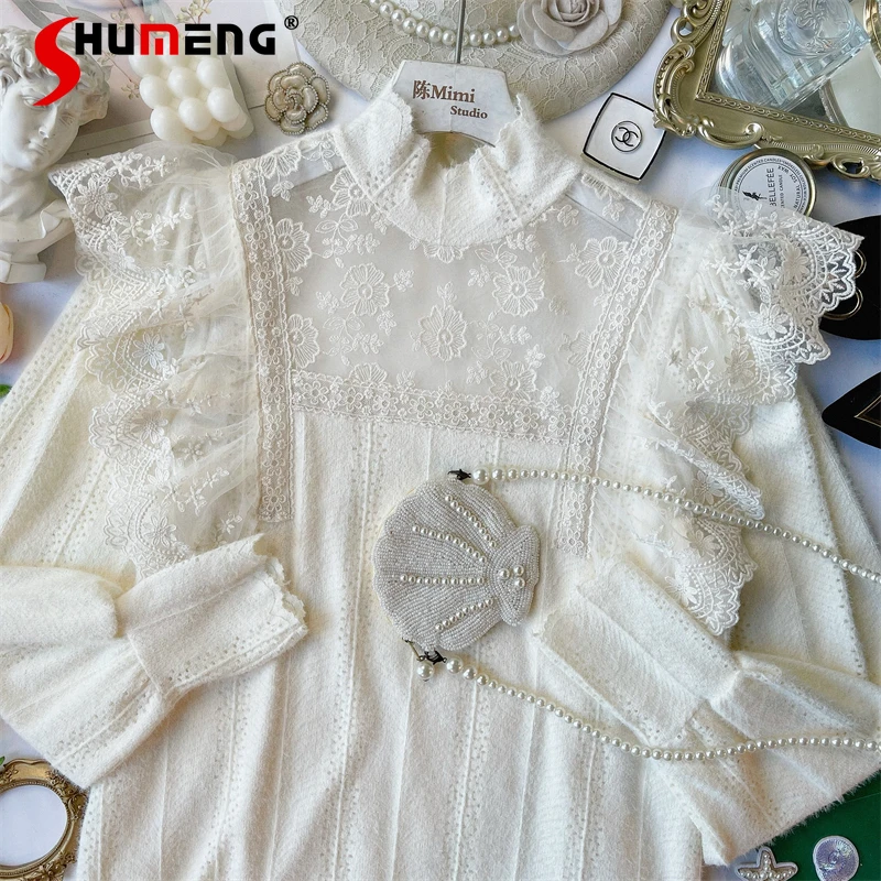 

French Elegant Palace Style Blusa Mujer Lace Crochet Embroidery Ruffled Stitching and Brushed Shirt Women Blouses Bottoming Tops