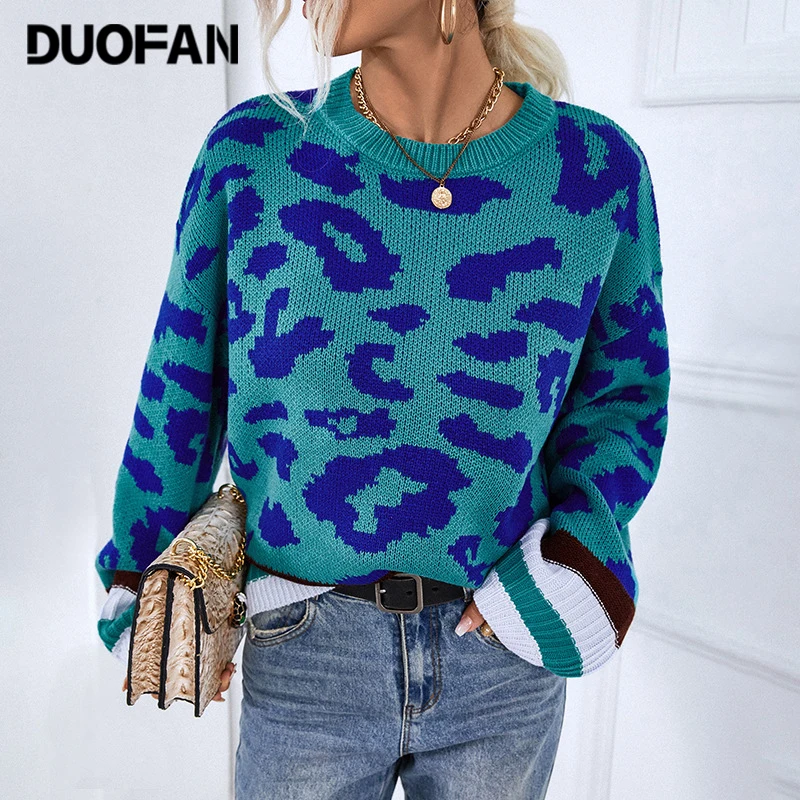 

DUOFAN Leopard Print Sweater Women 2022 Autumn Winter Fashion Pullover Stitching Streetwear Crew Neck Long Sleeve Knitted Jumper