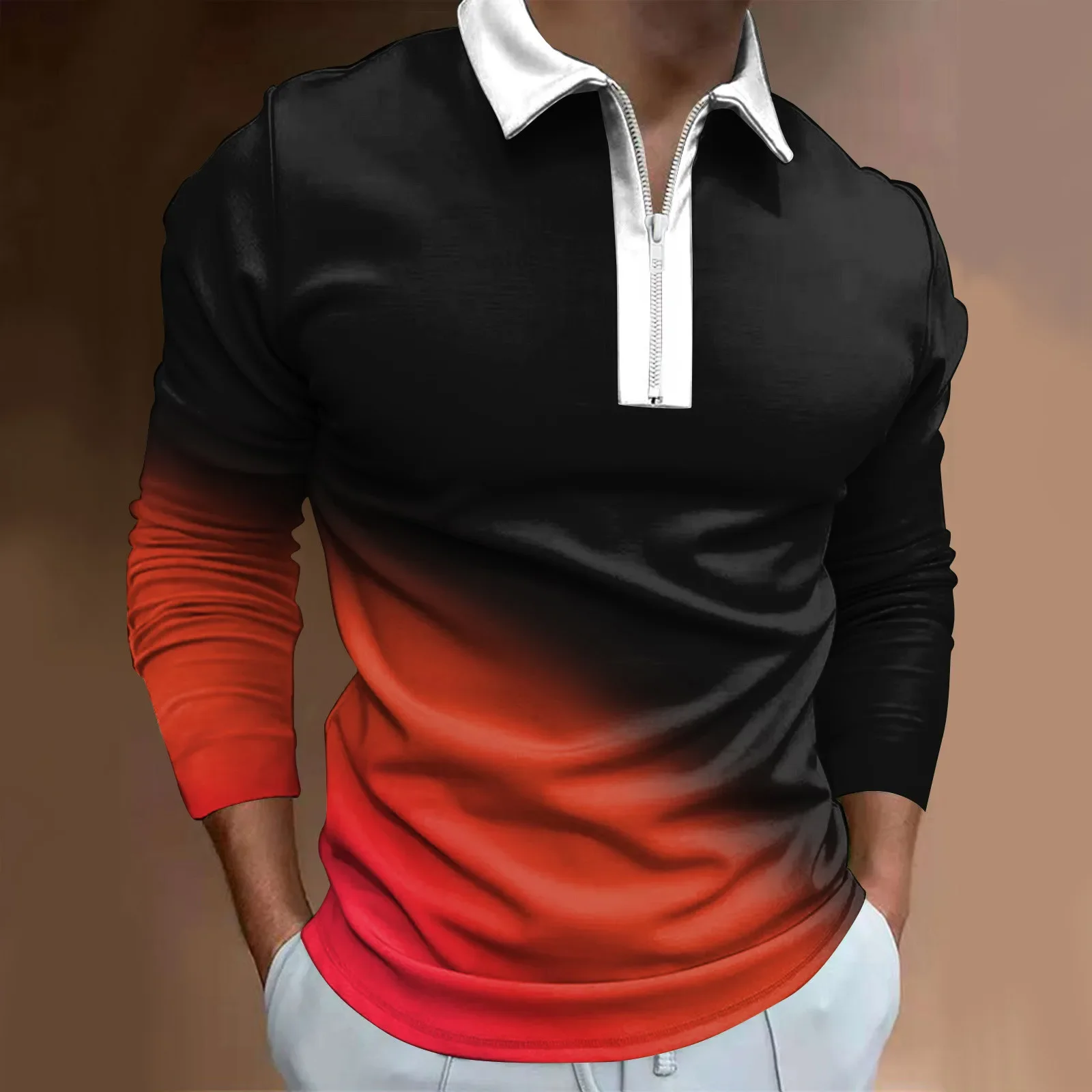 

Men Lapel Zipper 3D Digital Printing Polo Shirts Fashion Loose Long Sleeve Top T Shirt Top Autumn Office Dress Shirts Blusas