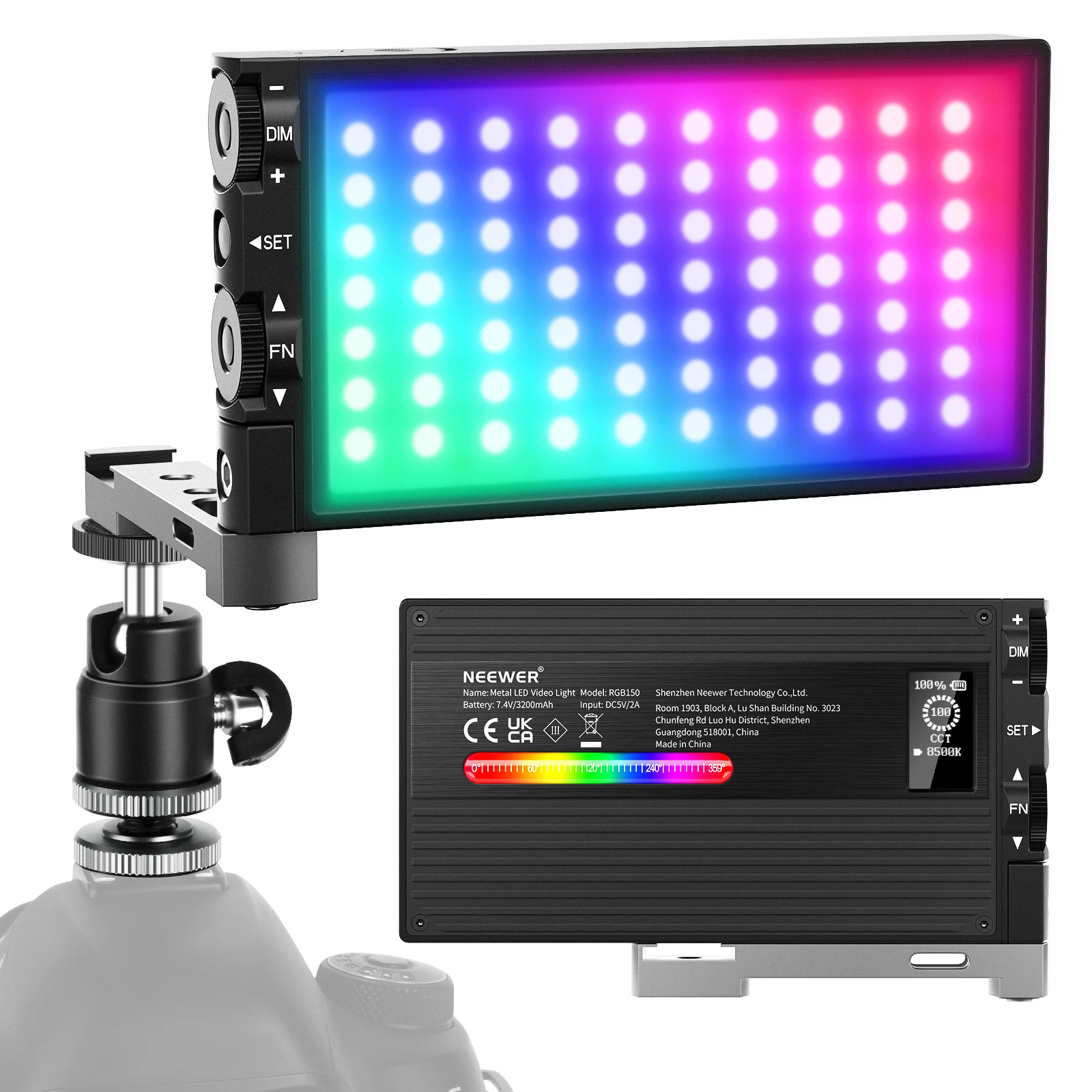 

Neewer LED Video Light, 12W RGB150 Full-Color Camera Light with Aluminum Alloy Body, CRI 97+, 2500~8500K, Rechargeable Battery