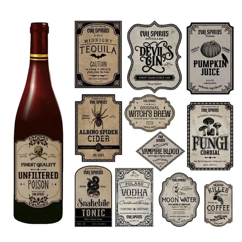 

Halloween Wine Bottle Labels 12pcs Drink Stickers Glass Decals Self-adhesive Liquor Bottle Stickers For Computer Decor Handbook