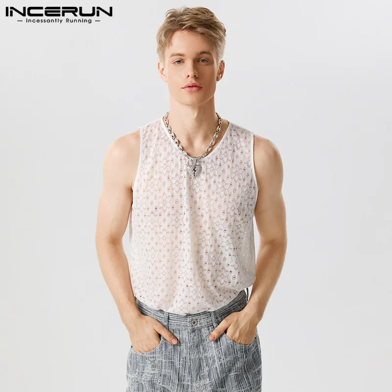 

INCERUN Tops 2023 American Style New Men's Fashion Lace Printing Waistcoat Casual Male See-through O-Neck Sleeveless Vests S-5XL