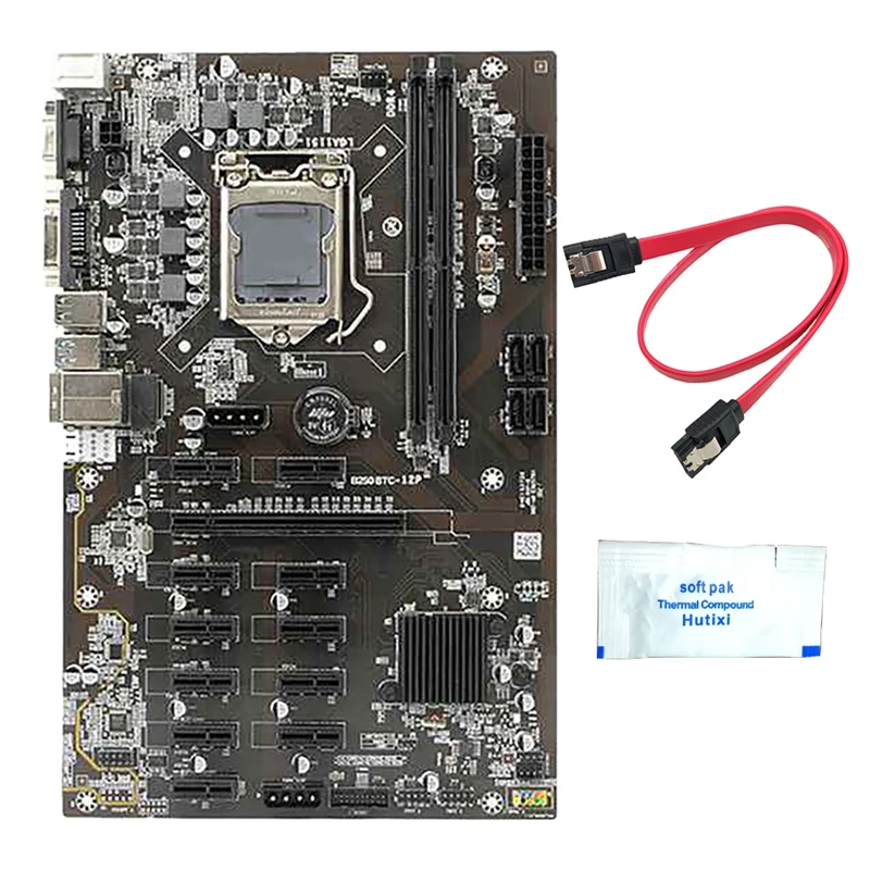 

Материнская плата B250 BTC для майнинга 12 слотов для графических карт PCI-E LGA1151 DDR4 DIMM RAM SATA3.0 с термопастой и кабелем SATA