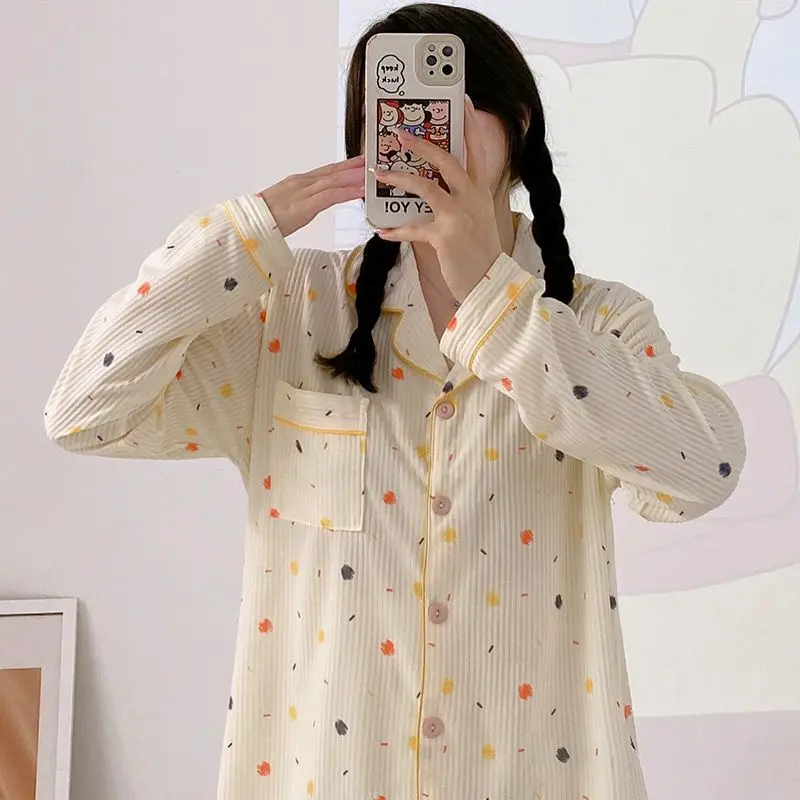 Yasuk Spring Autumn Fashion Women's Casual Soft Milk Silk Sleepwear Homewear Pajamas Set With Pants Color Dots Print Cute Girl