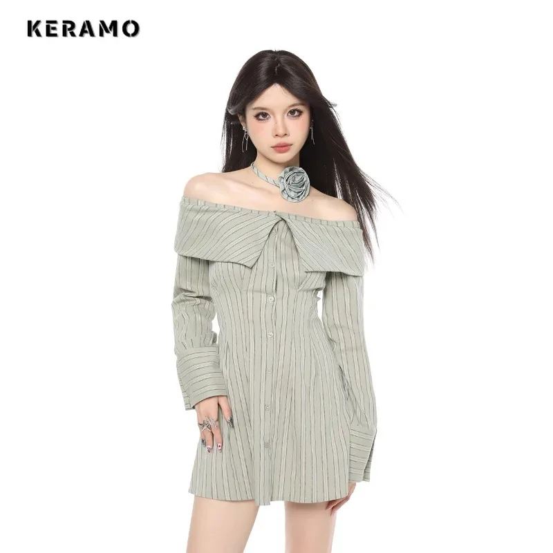 

2023 Autumn Winter Sexy Long Sleeve Off Shoulder Mid Long Dresses Women's Hotsweet Causal Striped High Waist A-Line Dress