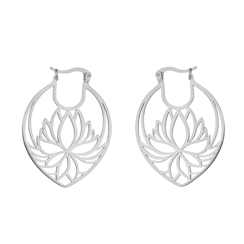 

India Romany Tribal Ethnic Mandala Stainless Steel Earrings Women Gold Color Lotus Flower Hoop Earrings Geometric Jewelry Buddhi