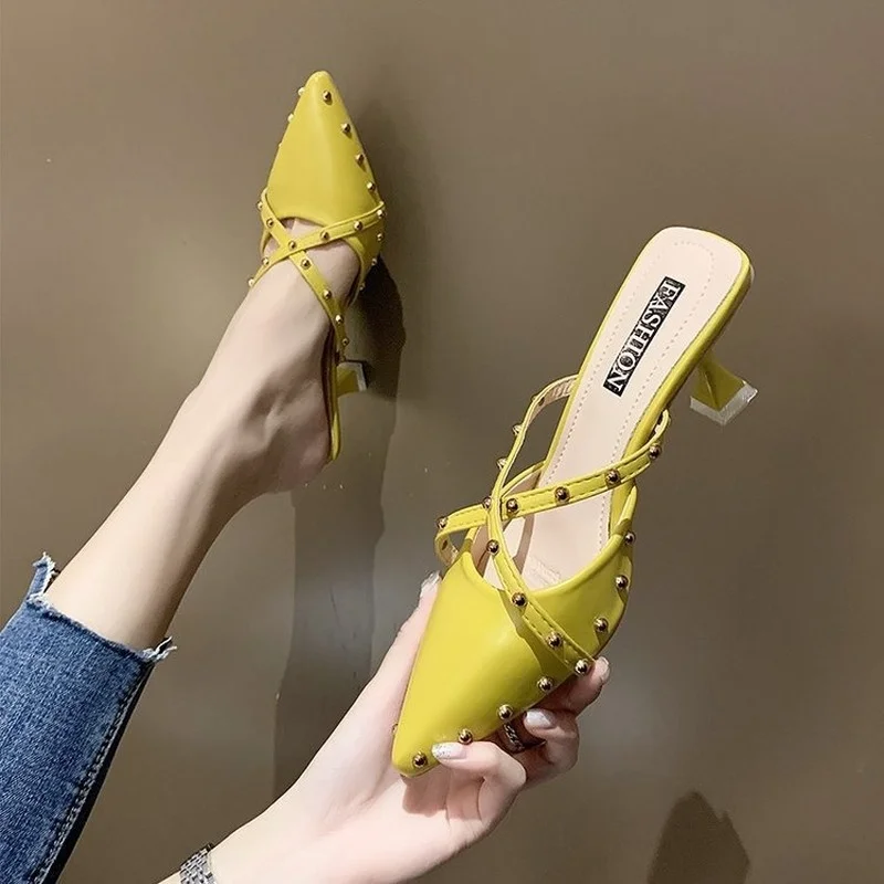 

High Heel Slippers Women's 2022 New Women's Shoes Summer Pointed Toe Slippers Women's Shoes Stiletto Rivet Slippers Sandals