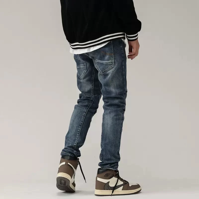 High Street Fashion Men Jeans Retro Blue Spliced Slim Fit Biker Jeans Men Elastic Trousers Zipper Designer Hip Hop Pants Hombre