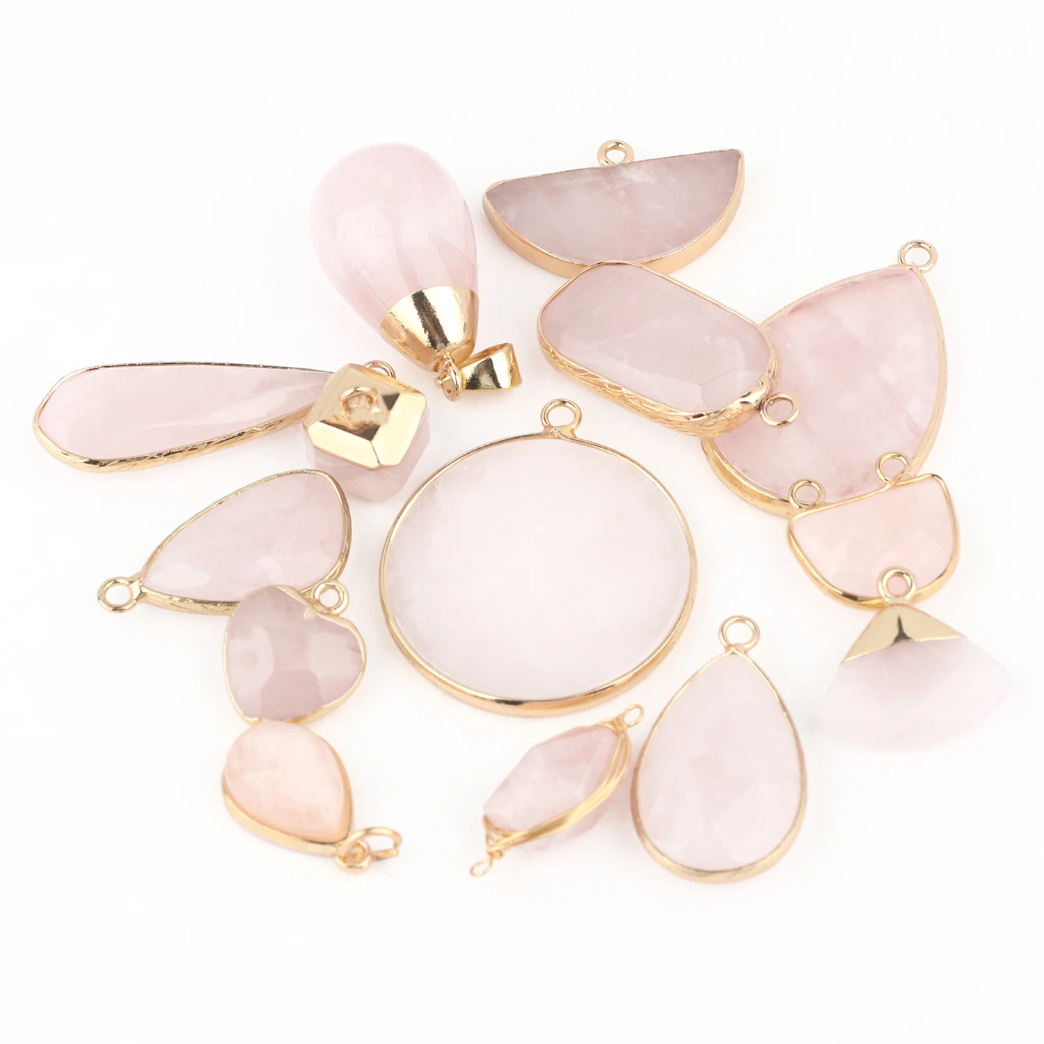 

1pcs Natural Rose Quartz Stone Pendant Charms Heart Waterdrop Triangle Sector Shape Pendant For Earring Necklace Jewelry Making