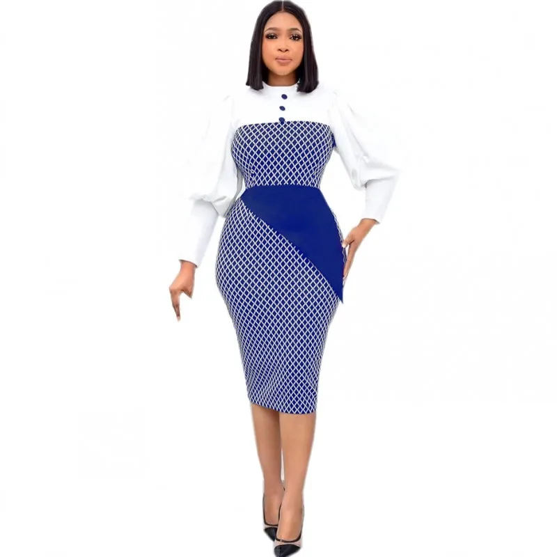 

Women Fashion Plaid Panel Slim Pencil Dress Spring 2022 New Long Sleeve Elegant Party Midi Dress Femme African Clothes Vestidos