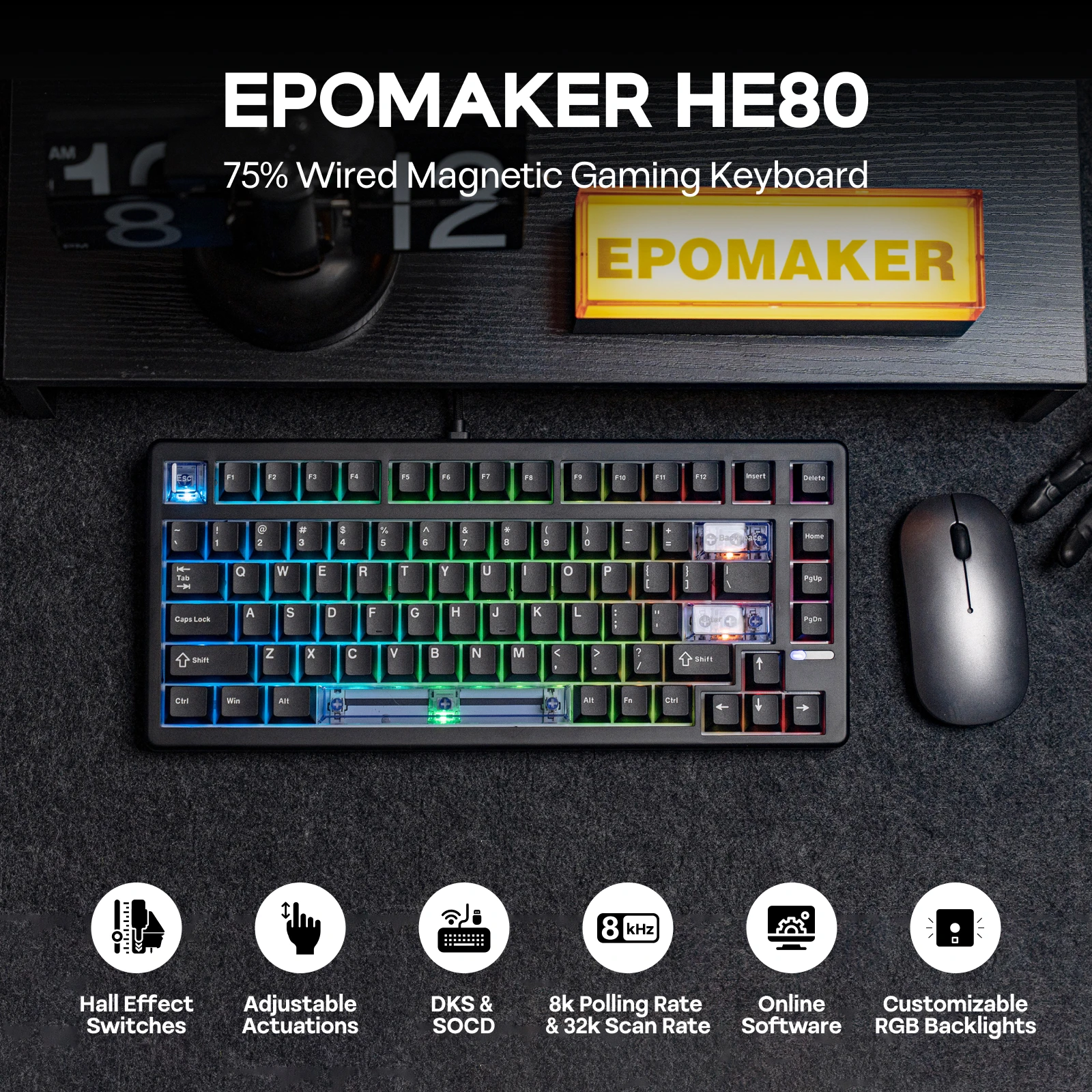 Фото EPOMAKER HE80 75% США QWERTY Layout Кремовая прокладка с возможностью горячей замены Проводная магнитная механическая клавиатура с эффектом Холла DKS SOCD для ПК/Mac №2