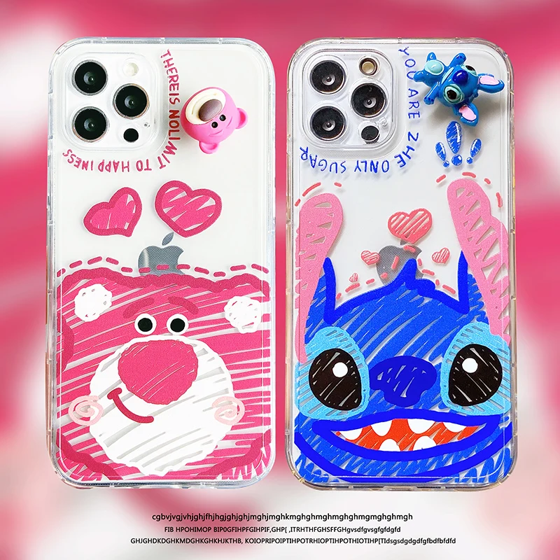 

Disney Cartoon Cute Stitch Strawberry Bear Phone Case for iPhone 11 12 13 mini pro XS MAX 8 7 Plus X XR Cover