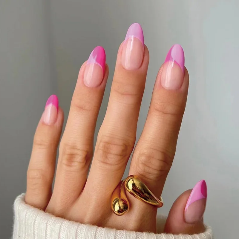 

24pcs French Pink Purple Color Matching False Nails Almond Press On Nails Designed Nail Patch Natural Fake Nails Beauty Nail Art