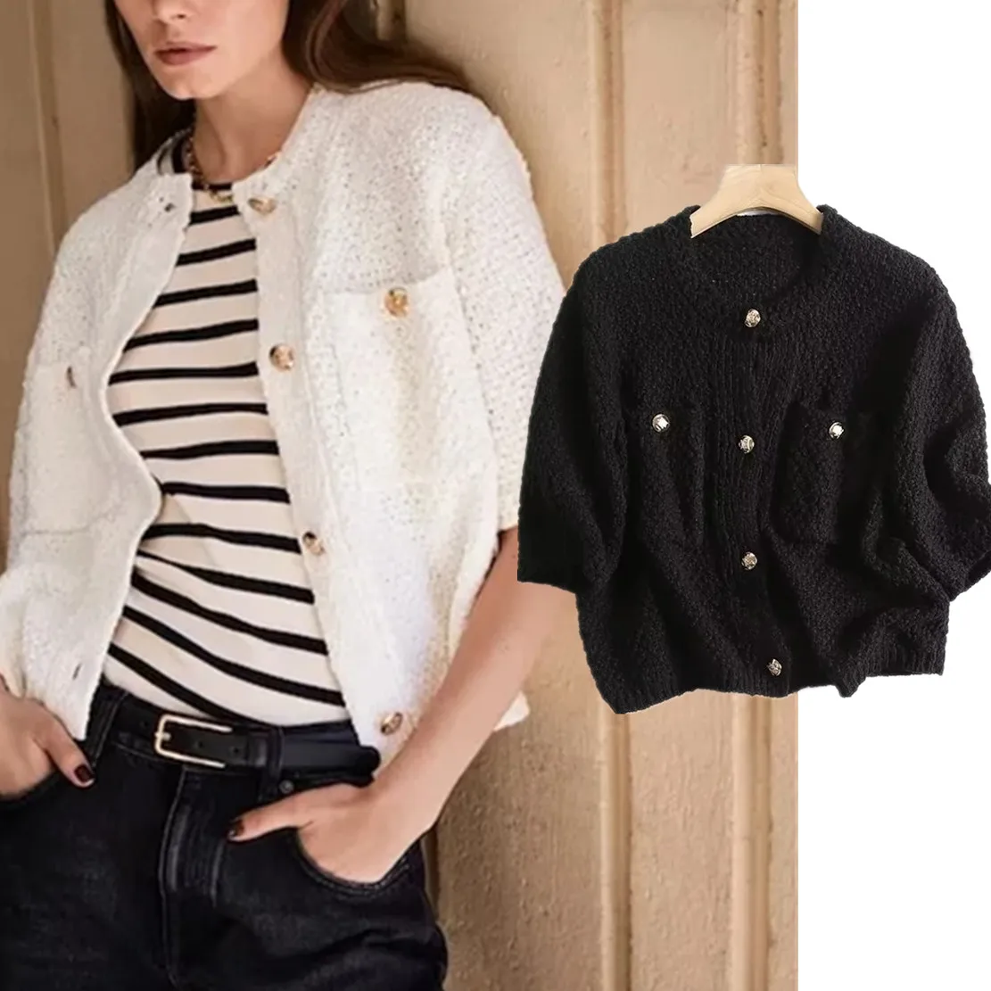 

Maxdutti Indie Folk Retro Knitted Sweaters Weave Single Breasted Gold Buttons Short Tops Casual Sweaters Cardigans Women